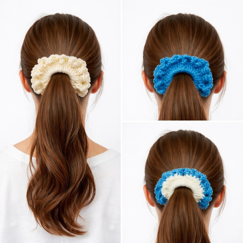 Handmade Textured Crocheted Scrunchies Ponytail Holder Hair Tie Set Of 3 - New